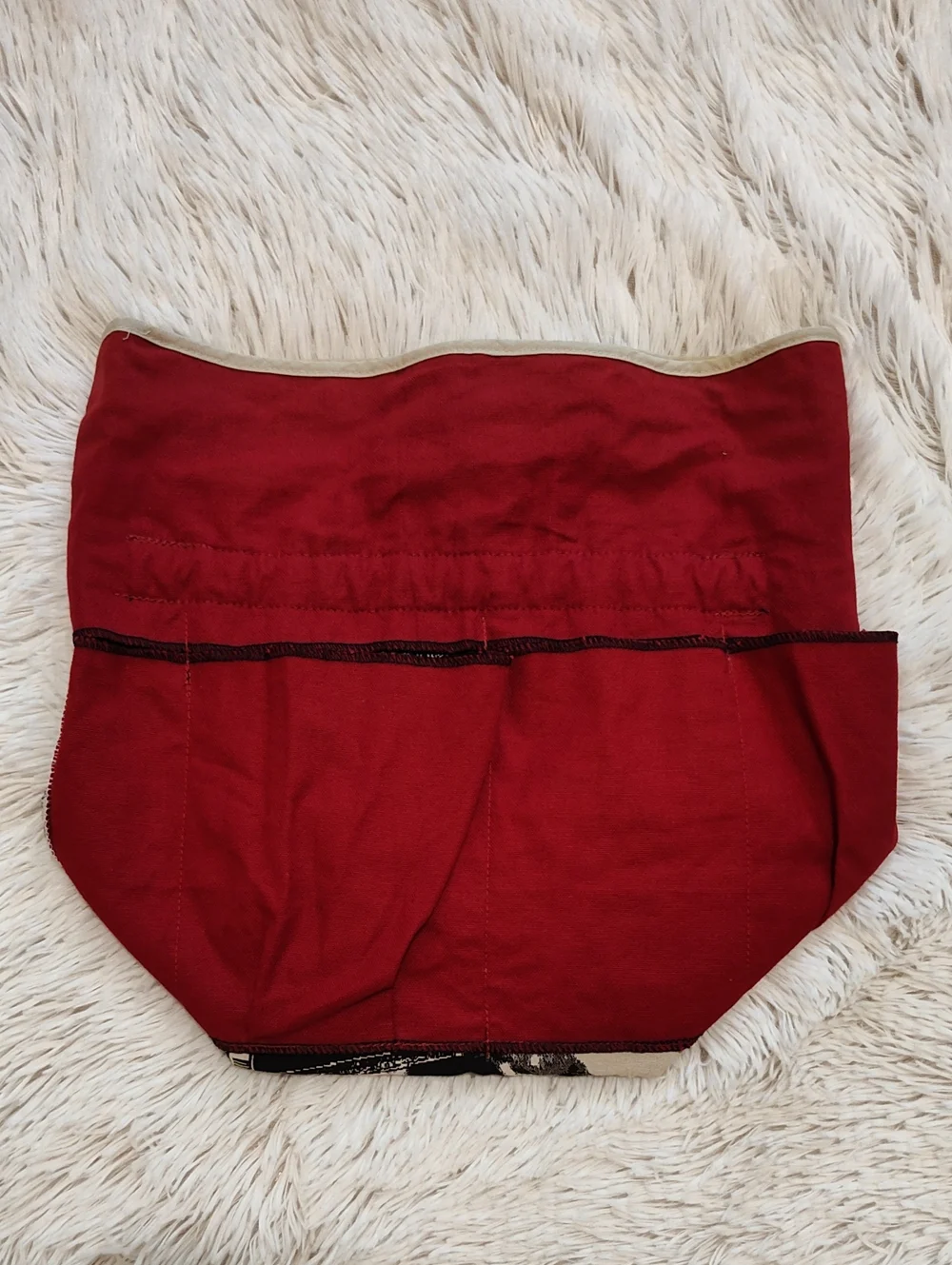 Vintage Style Drawstring Pouch Black Cream Newsprint Red Lining Travel Organizer